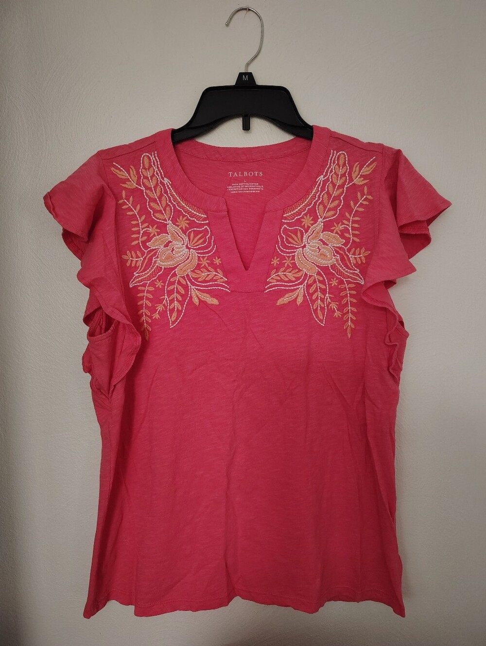 Talbots Summer Top Women's Embroidered Flutter Sleeve Pink/Coral Sz L